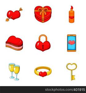 Valentine elements icons set. Cartoon illustration of 9 Valentine elements vector icons for web. Valentine elements icons set, cartoon style