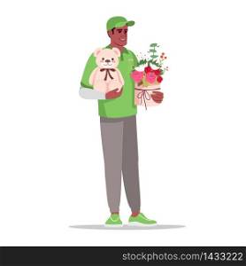 Valentine gift delivery semi flat RGB color vector illustration. Send plush bear and flower bouquet. Male african courier in green uniform isolated cartoon character on white background. Valentine gift delivery semi flat RGB color vector illustration
