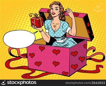 Valentine girl love romantic wedding surprise box pop art retro style. A holiday or celebration. Gift and good mood. Romance and relationships men and women. Valentine girl love romantic wedding surprise box