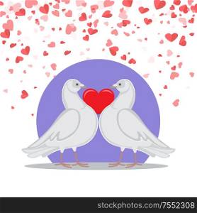 Valentine greeting card, doves symbols of love holding red heart, on background of purple circle and romantic greeting cards, vector postcard with pigeon birds. Valentine Greeting Card Doves Love Heart Symbols
