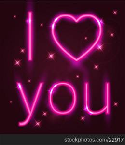 Valentine greeting card with pink shining neon sign