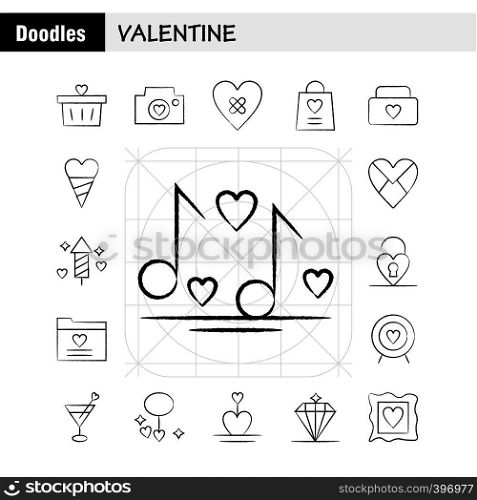 Valentine Hand Drawn Icon Pack For Designers And Developers. Icons Of Basket, Cart, Romantic, Valentine, Camera, Image, Romantic, Valentine, Vector