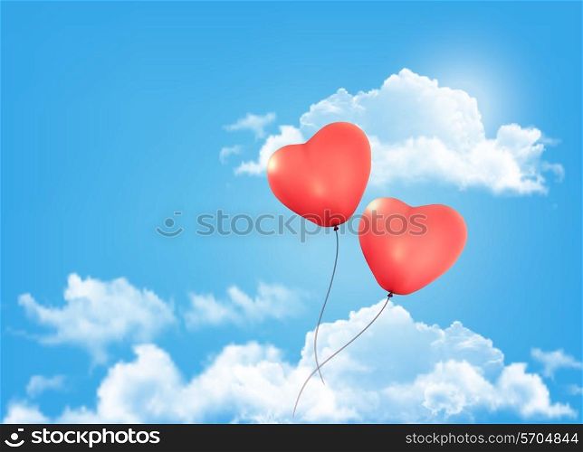 Valentine heart-shaped baloons in a blue sky with clouds. Vector background