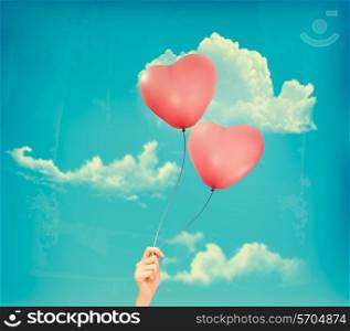 Valentine heart-shaped baloons in a blue sky with clouds. Vector retro background