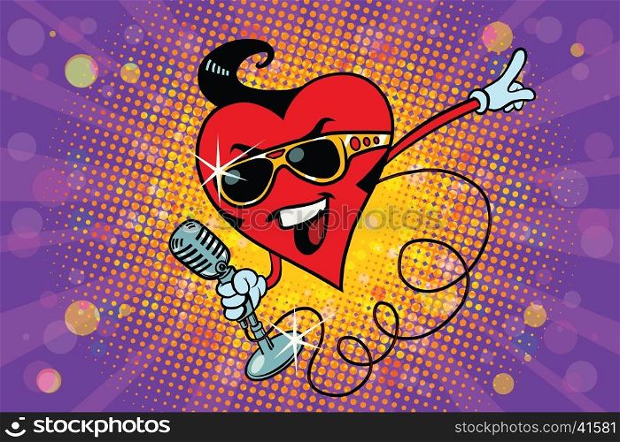 Valentine heart singer in the Elvis style. Pop art retro illustration. Valentin day, holiday, wedding love and romance. Rock star on stage