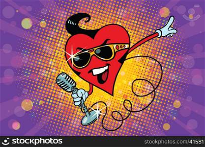Valentine heart singer in the Elvis style. Pop art retro illustration. Valentin day, holiday, wedding love and romance. Rock star on stage