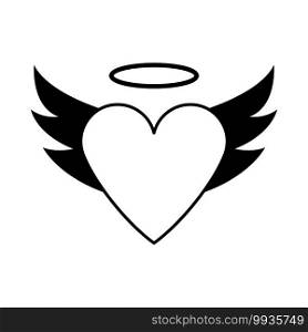 Valentine Heart With Wings And Halo Icon. Black Glyph Design. Vector Illustration.