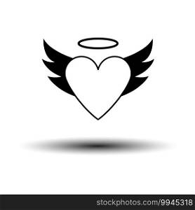 Valentine Heart With Wings And Halo Icon. Black on White Background With Shadow. Vector Illustration.
