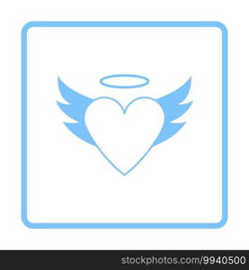 Valentine Heart With Wings And Halo Icon. Blue Frame Design. Vector Illustration.