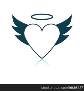 Valentine Heart With Wings And Halo Icon. Shadow Reflection Design. Vector Illustration.