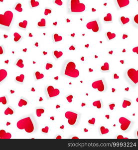 Valentine hearts seamless background, vector love abstract pattern, wedding invitation with hearts messy scattered on white, splash texture with 3d red petals or confetti, romantic banner template. Valentine hearts seamless background or 3d pattern