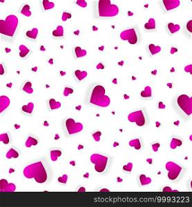 Valentine hearts seamless background, vector love pattern. Romantic banner abstract template, wedding invitation with hearts messy scattered splash texture with 3d pink petals or confetti on white. Valentine hearts seamless background or 3d pattern