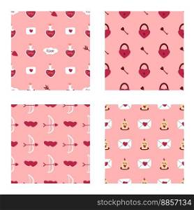 Valentine hearts seamless patterns set. Romantic pink background bunch. Decorative wallpaper. Love prints. Flat design, vector illustration. Valentine hearts seamless patterns set