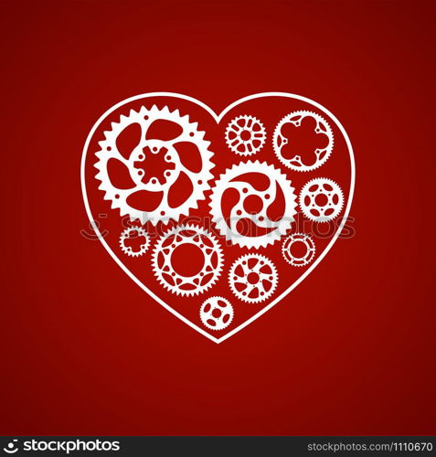 Valentine holiday logo template. Elegant white vector silhouette gears and cogs in heart shape frame on romantic red background. Symbol of love for wedding and anniversary in a new modern way.. White silhouette valentine heart postcard.