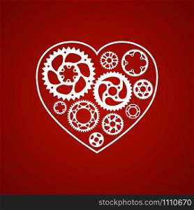 Valentine holiday logo template. Elegant white vector silhouette gears and cogs in heart shape frame on romantic red background. Symbol of love for wedding and anniversary in a new modern way.. White silhouette valentine heart postcard.
