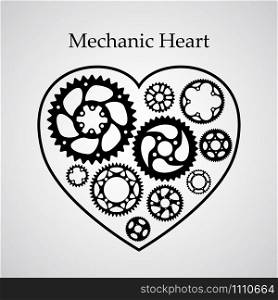 Valentine holiday postcard. Strict style black vector silhouette gears and cogs in heart shape frame. Symbol of love for wedding and anniversary in a new modern way.. Black silhouette valentine heart postcard.