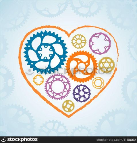Valentine holiday template for banner, postcard and web decoration. Colorful vector silhouette gears and cogs in heart shape grunge frame. Love symbol with violet and blue color in trendy style.. Colorful silhouette valentine heart postcard.