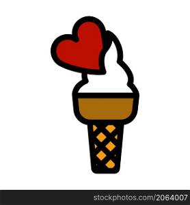 Valentine Icecream With Heart Icon. Editable Bold Outline With Color Fill Design. Vector Illustration.
