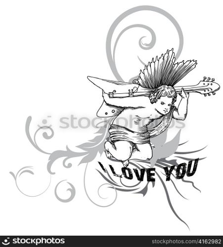 valentine illustration of a vintage angel with guitar