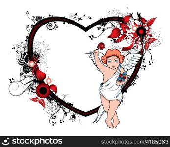 valentine illustration of an abstract heart with floral and angel