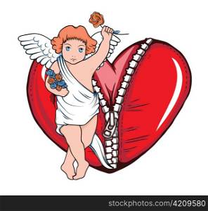 valentine illustration of an abstract heart with floral and angel