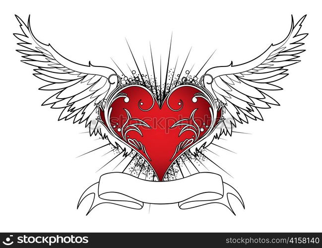 valentine illustration of an abstract heart with wings, ray, and scroll