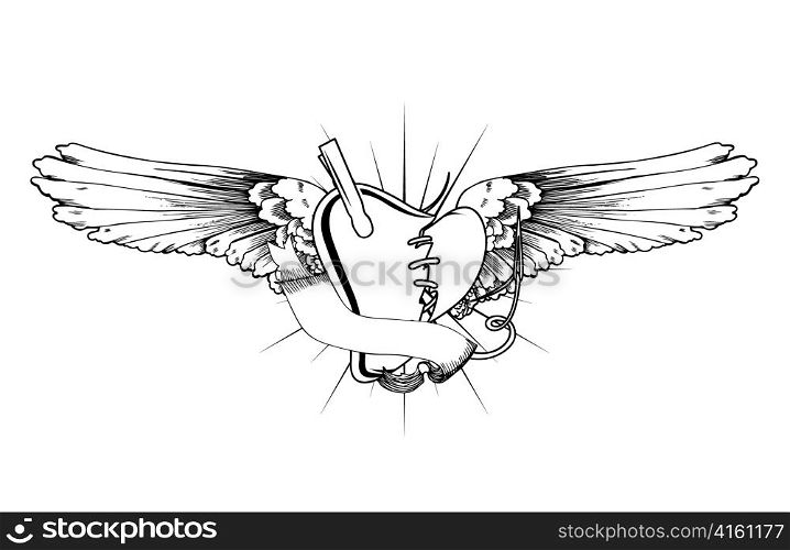 valentine illustration of an abstract heart with wings, ray, and scroll