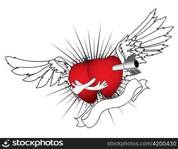valentine illustration of an abstract heart with wings, ray, and scroll