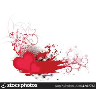 valentine illustration with floral, hearts and grunge