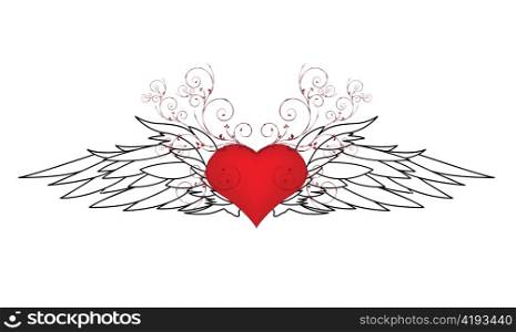 valentine illustration with heart, floral and wing