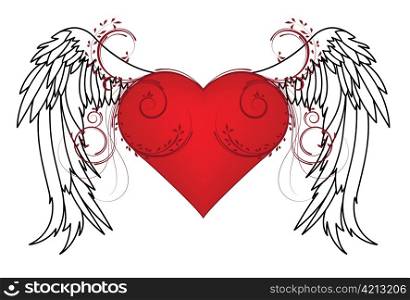 valentine illustration with heart, floral and wing