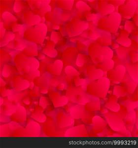 Valentine love hearts abstract background, vector pattern, 3d effect texture with red petals or confetti. Romantic banner or poster template, wedding invitation, cover with hearts explosion layout. Valentine love hearts background or vector pattern