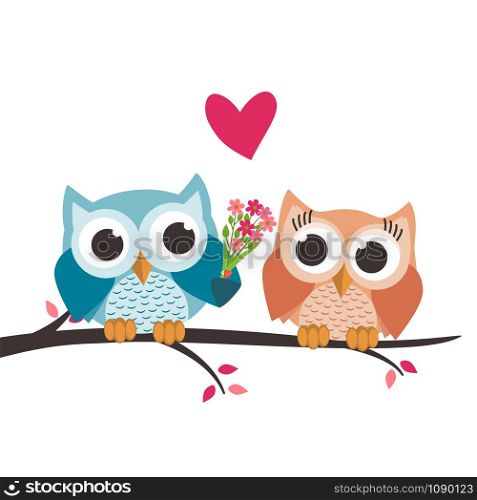 Valentine owls in love and a bouquet of flowers. Vector illustration