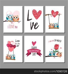 Valentine owls in love cards. Vector illustration