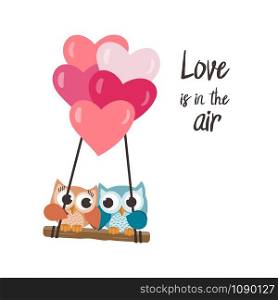 Valentine owls in love flying with balloons. Isolated vector illustration