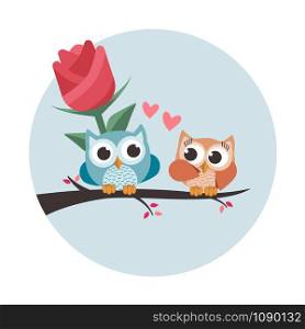 Valentine owls in love. Giving a big flower. Isolated vector illustration