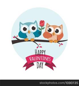 Valentine owls in love. Giving a flower. Vector illustration