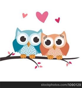 Valentine owls in love on a tree. Vector illustration
