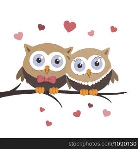 Valentine owls in love on a white background. Greeting card design. Vector illustration