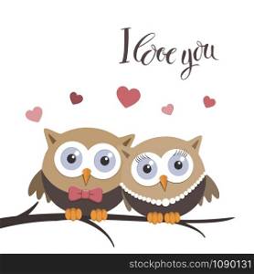 Valentine owls in love with message. Greeting card design. Vector illustration