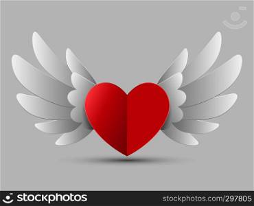 Valentine Red Heart with Wings, Vector Illustration