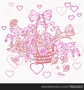 valentine rococo basket over shiny texture with pink hearts