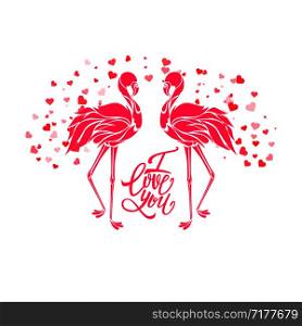 Valentine romantic card, two pink flamingos in love, vector illustration