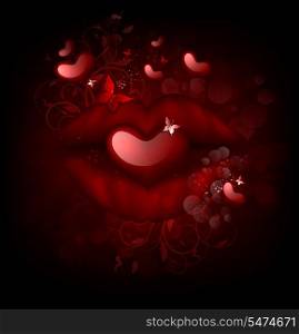 Valentine&rsquo;s Background With Heart On Lips And Butterflies