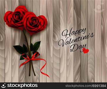 Valentine&rsquo;s background with two red heart shaped roses and wooden sign. Vector illustration.