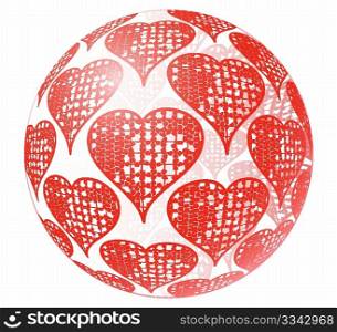 Valentine&rsquo;s day abstract glass sphere with red ornament of heart symbols isolated on white background. Vector illustration.
