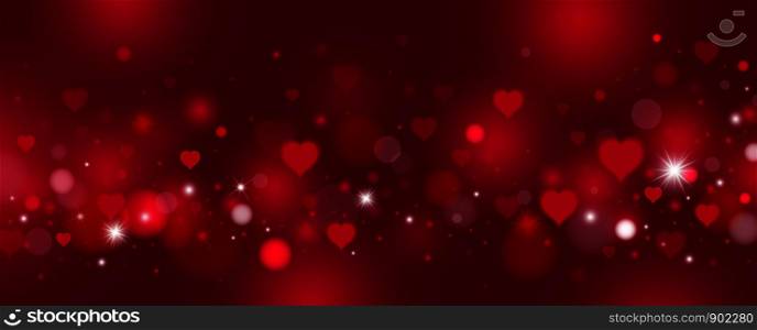 Valentine's day and love background design of red hearts and bokeh vector illustration