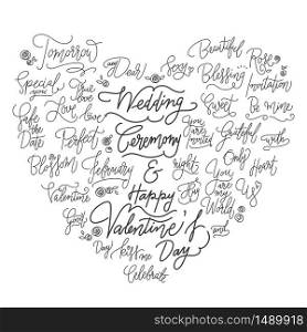 Valentine&rsquo;s day and wedding hand written good words, phrases, quotes in heart shape with flower clip arts on isolated white background.