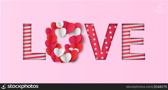 Valentine&rsquo;s Day background,Love word and paper hearts, vector illustration