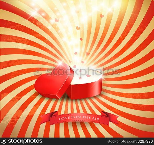 Valentine&rsquo;s day background with an open red gift box. Vector.